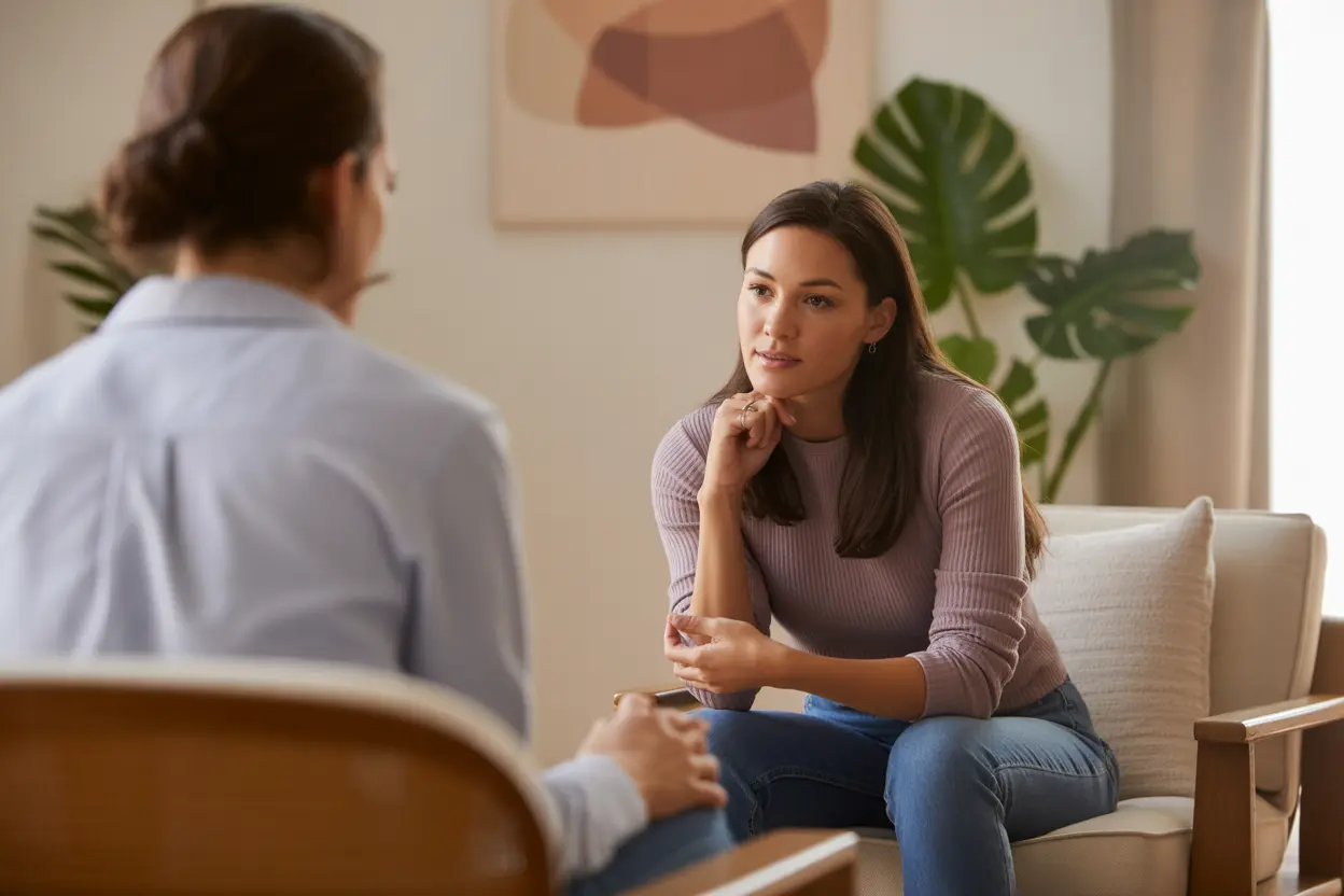 A compassionate therapist listens thoughtfully to a client during a one-on-one therapy session in a warm, inviting room.