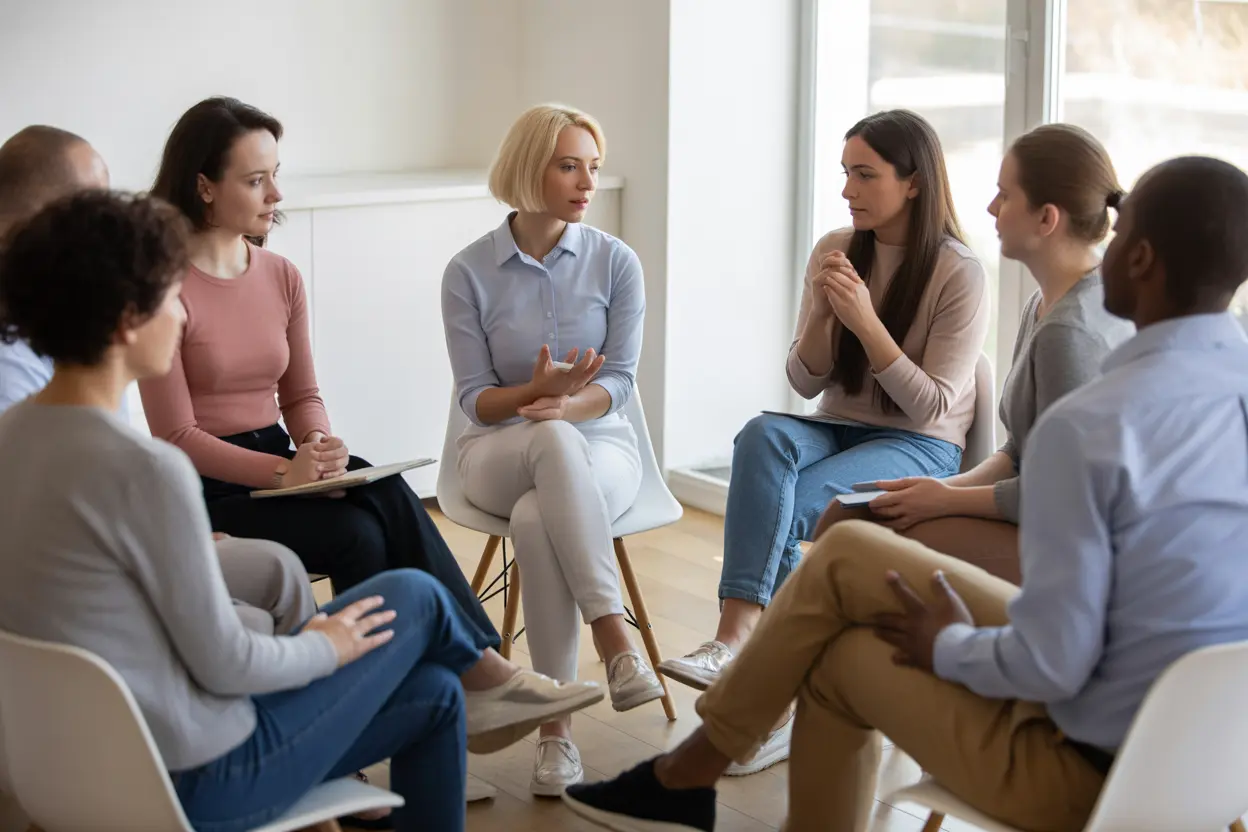 A diverse group of people in a supportive group therapy session, listening with empathy.