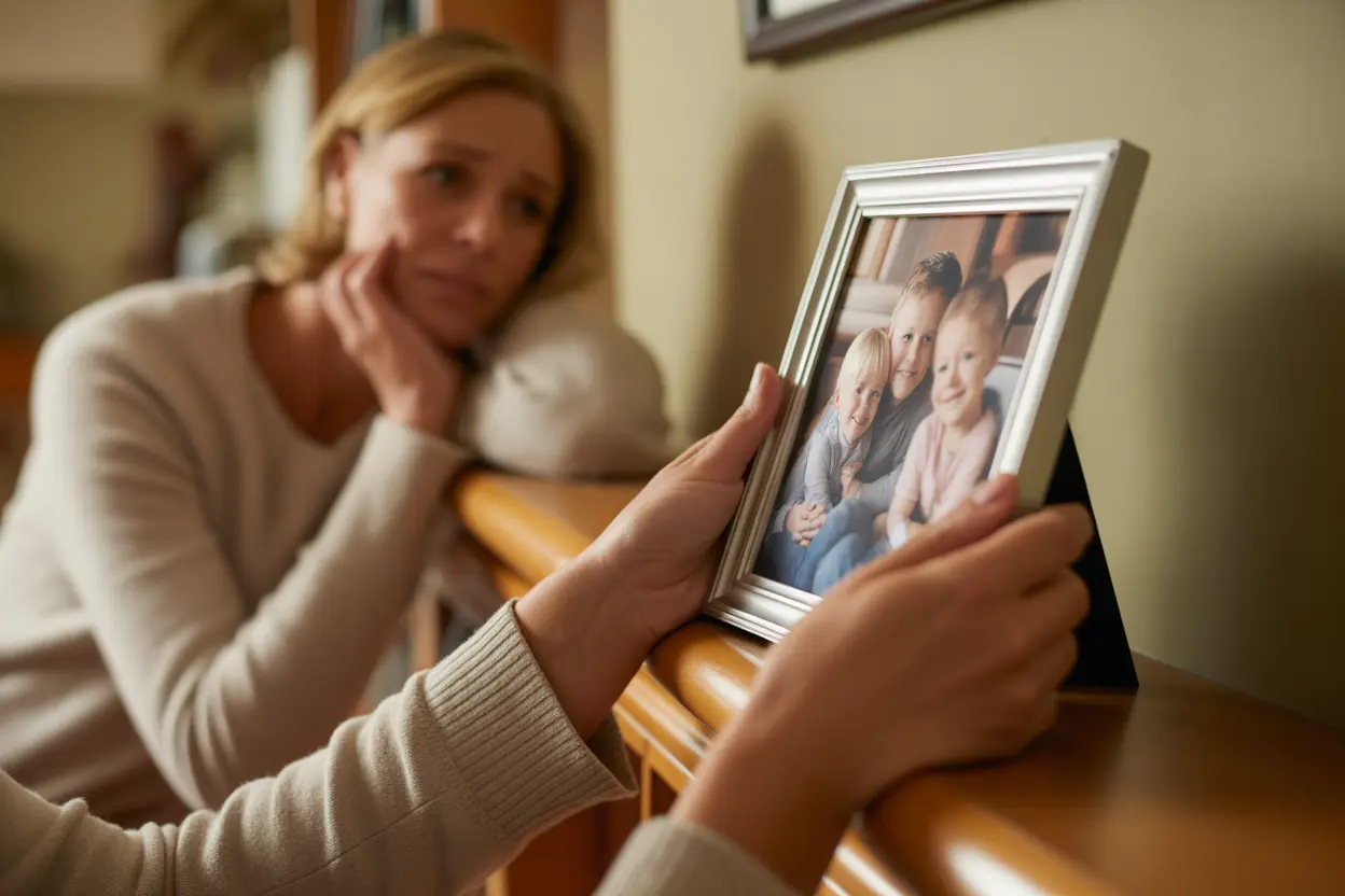 A person in a living room holds a family photo, reflecting with concern and care.