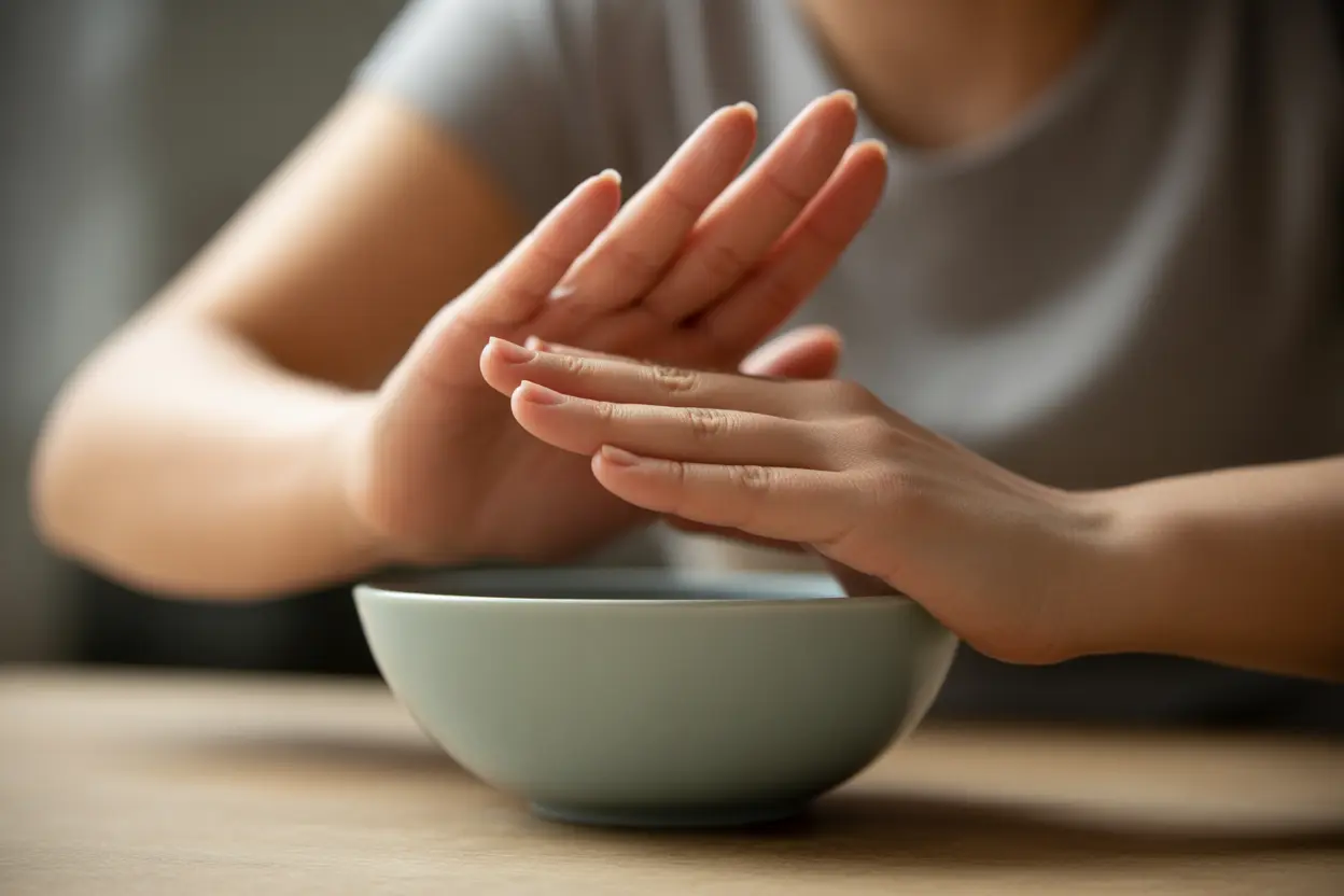 A person's hands gently pushing away a bowl of food, conveying anxiety and discomfort.