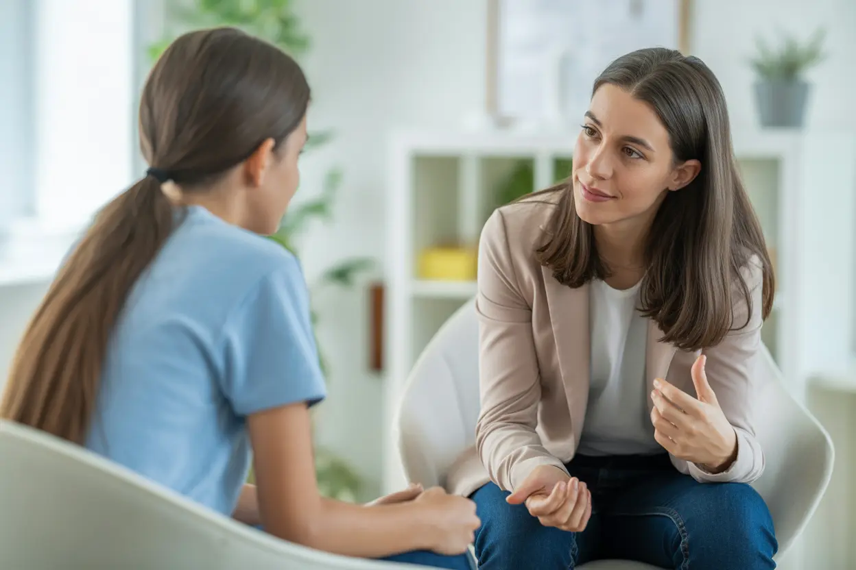 A compassionate therapist listens intently to a teenager in a safe, light-filled office.