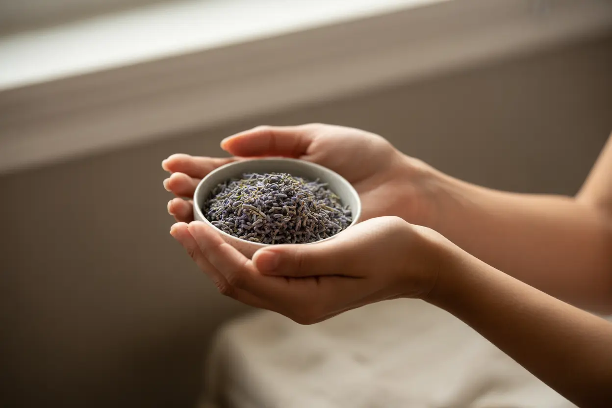 A person's hands holding a small bowl of dried lavender, symbolizing the tranquility of aromatherapy in a rehab setting.