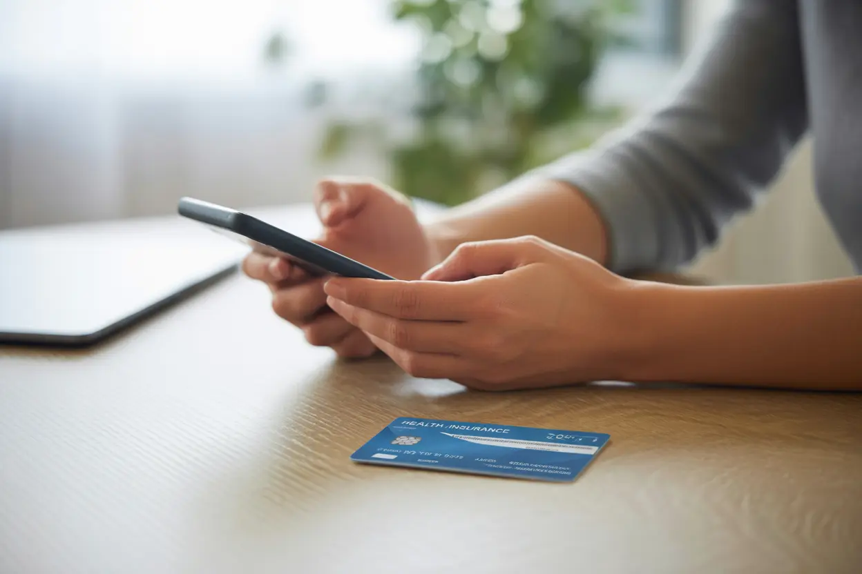 A person is holding a phone next to their health insurance card, preparing to verify their benefits for rehab.