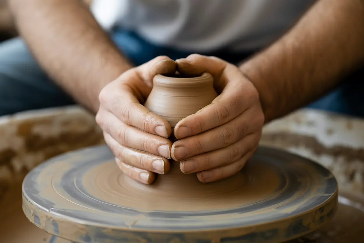 A person's hands gently shaping clay on a pottery wheel, representing the therapeutic process of art in rehab.
