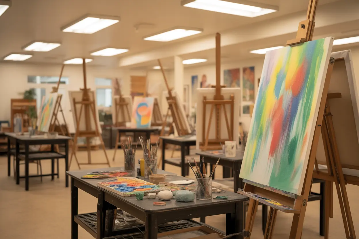A bright and inviting art studio in a rehab facility, with easels and art supplies ready for use.