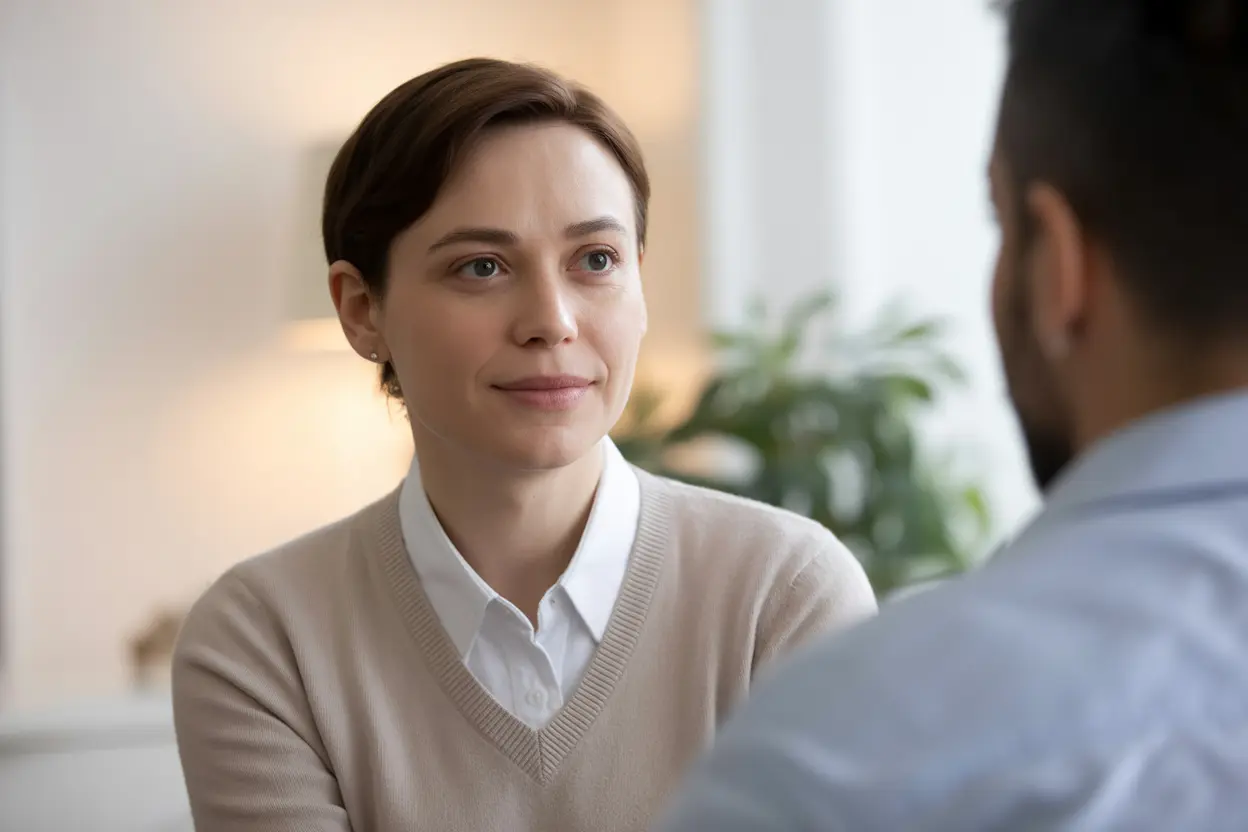 A compassionate therapist listening intently in a bright, professional office, conveying a sense of trust and empathy.