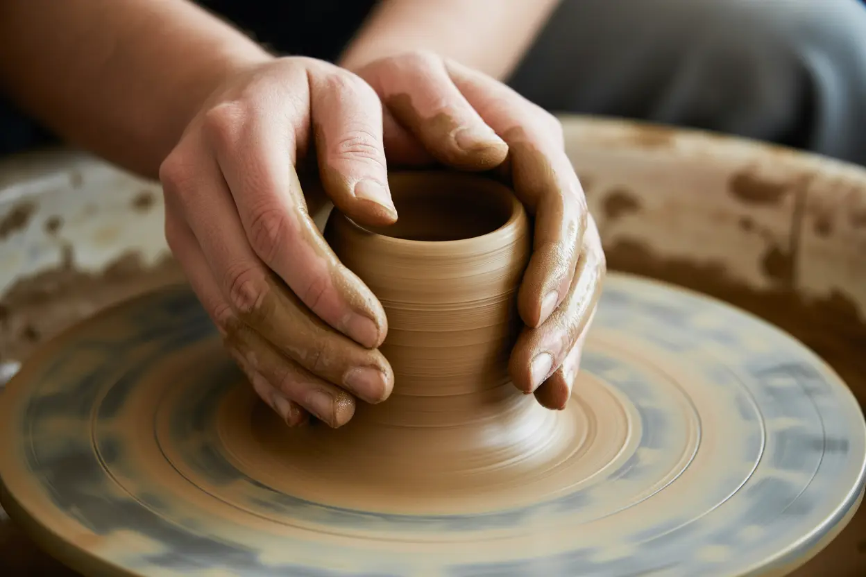 A close-up of hands carefully shaping clay on a potter's wheel, symbolizing the focused and healing nature of art therapy.