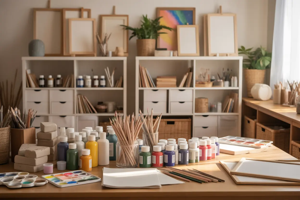 A serene therapy room with art supplies like paints, pencils, and clay neatly arranged, bathed in soft natural light.