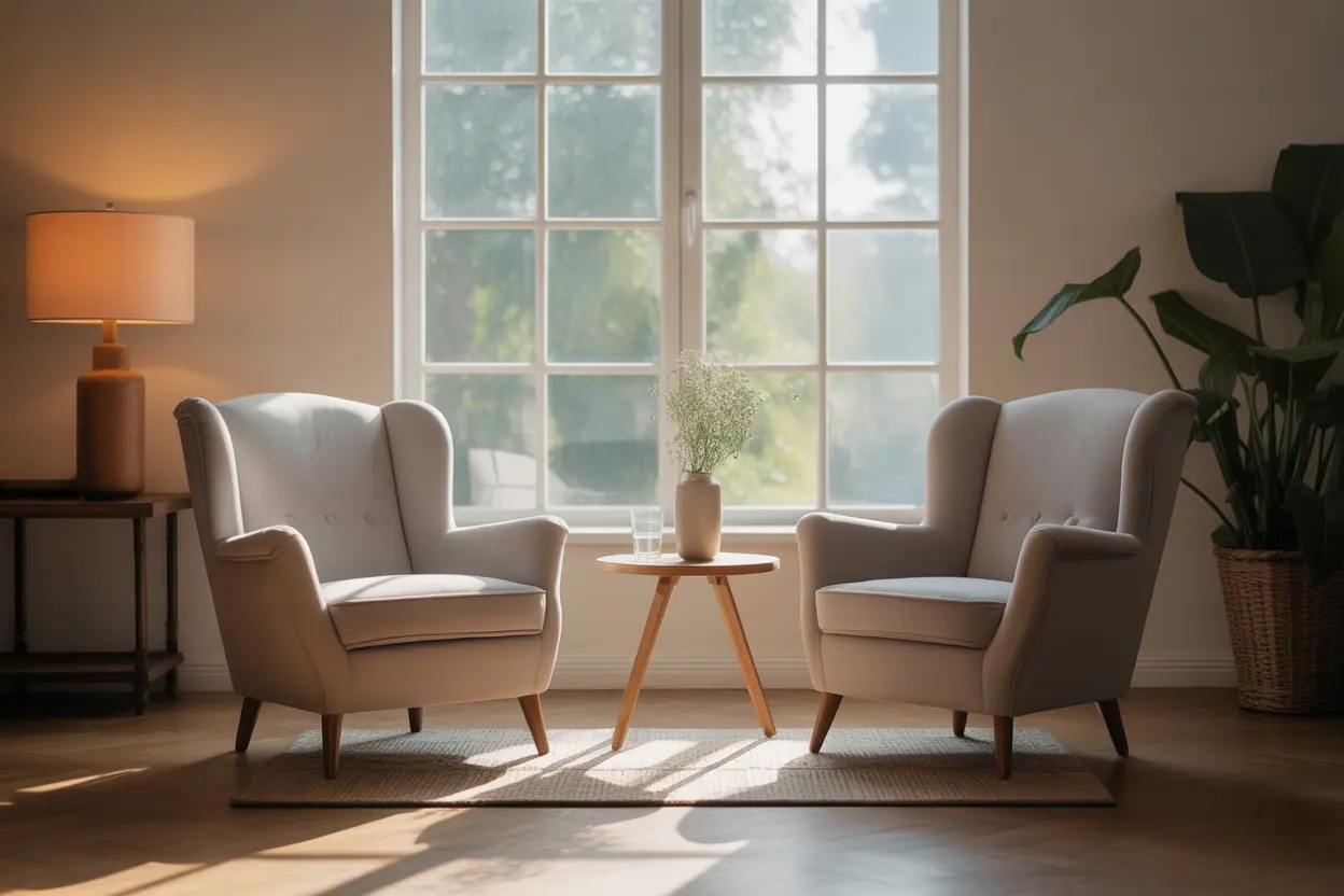 A calm and professional therapy room with two armchairs, suggesting a safe space for conversation.