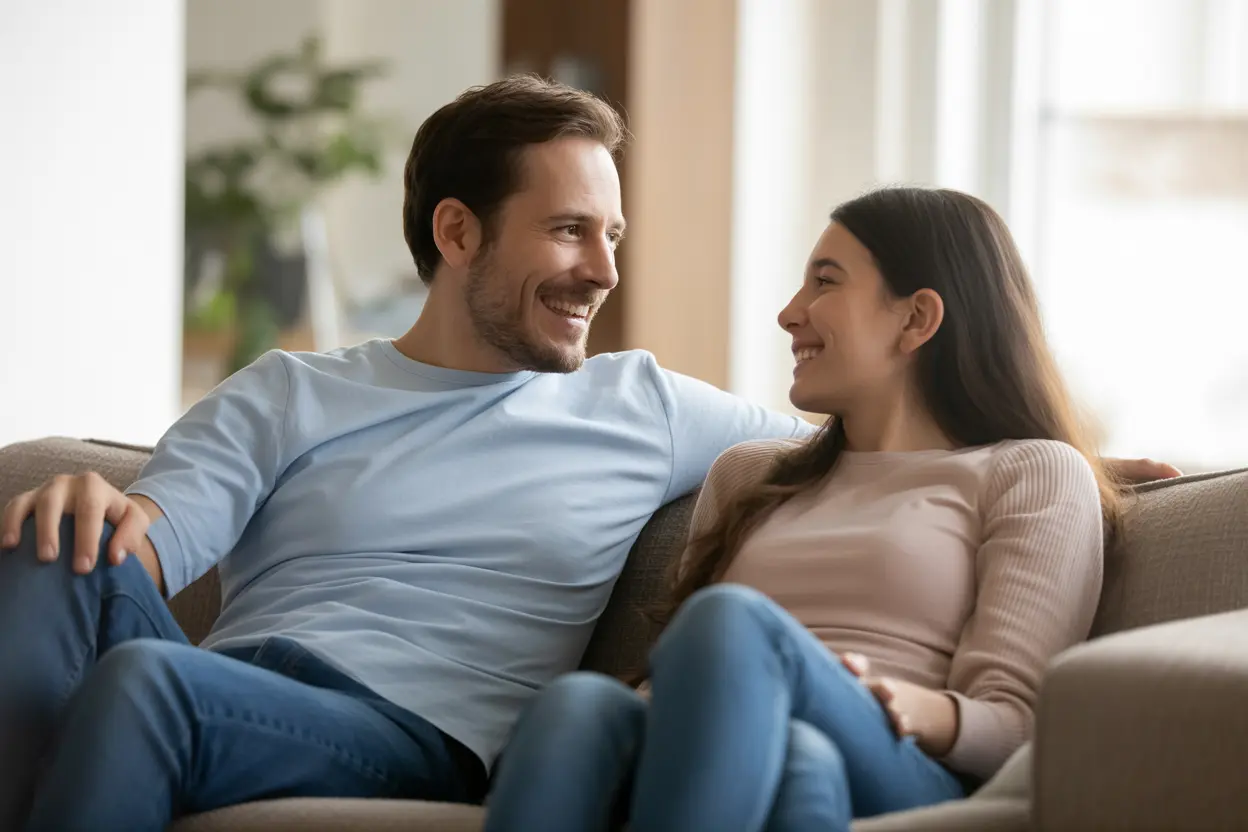 A parent and their young adult child smiling at each other on a sofa, representing renewed connection.