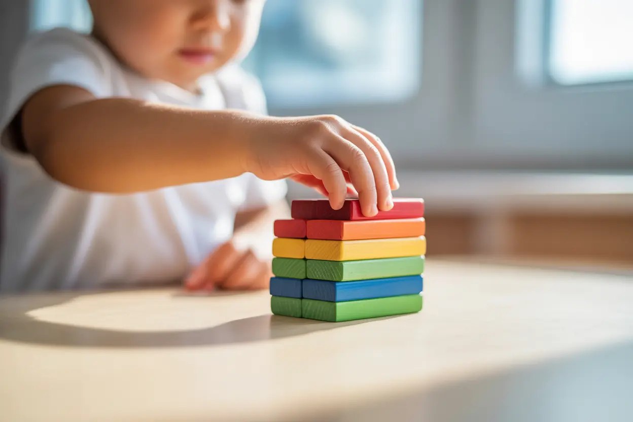 A child's hands carefully stacking colorful wooden blocks, representing learning and development.