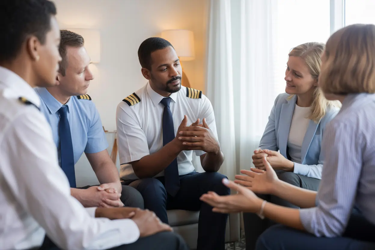 A supportive group discussion for aviation professionals in a bright, comfortable room.