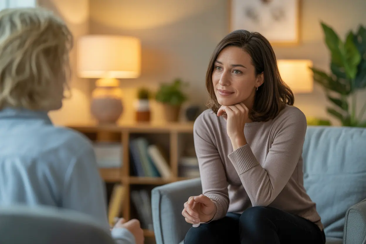 A compassionate therapist listens with empathy in a safe and comfortable office setting, representing the trust built in therapy for AVPD.