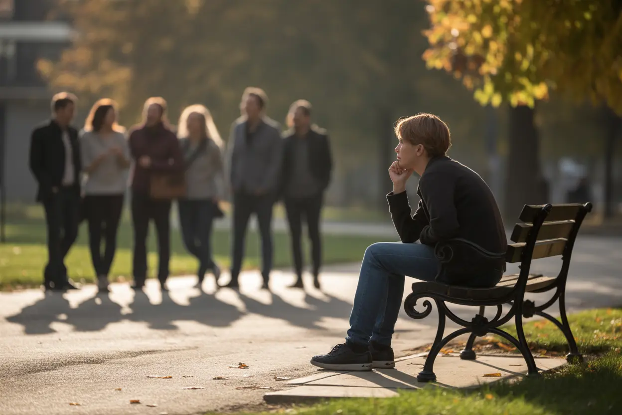 A person sits alone on a park bench, looking towards a distant group of people, symbolizing the feeling of isolation in AVPD.