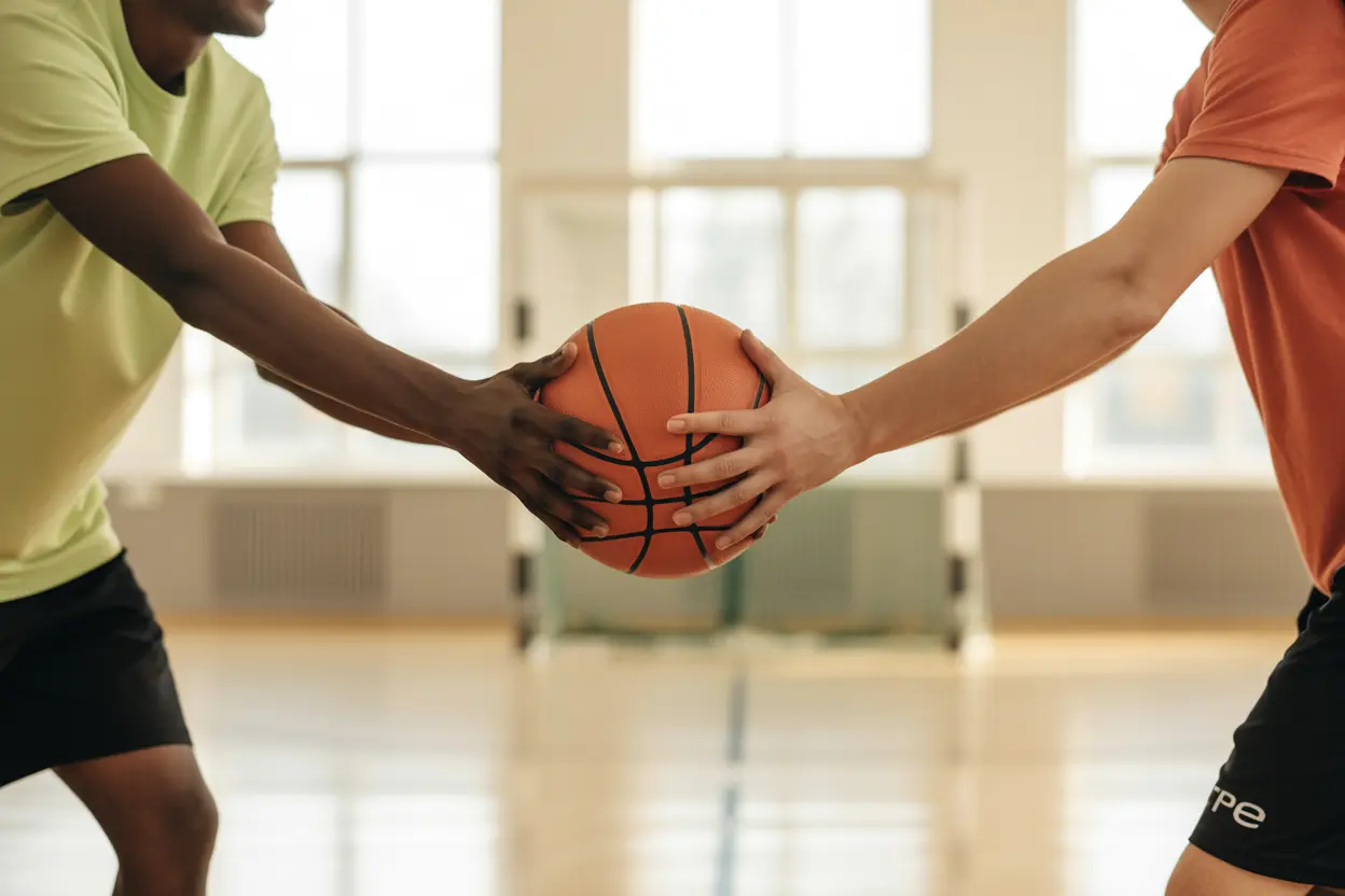 Two people passing a basketball on an indoor court in a supportive and friendly manner.