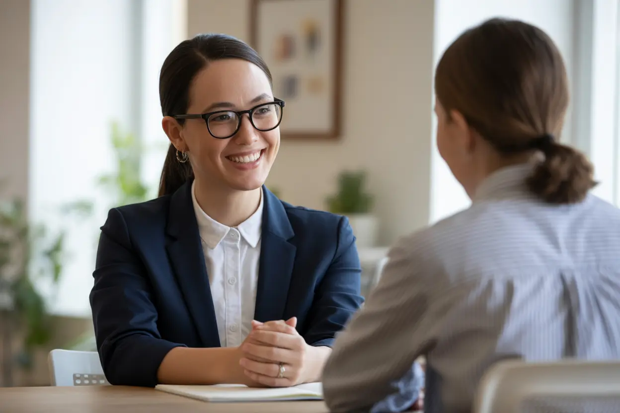 A caring admissions counselor listens intently to an individual in a bright, welcoming office.