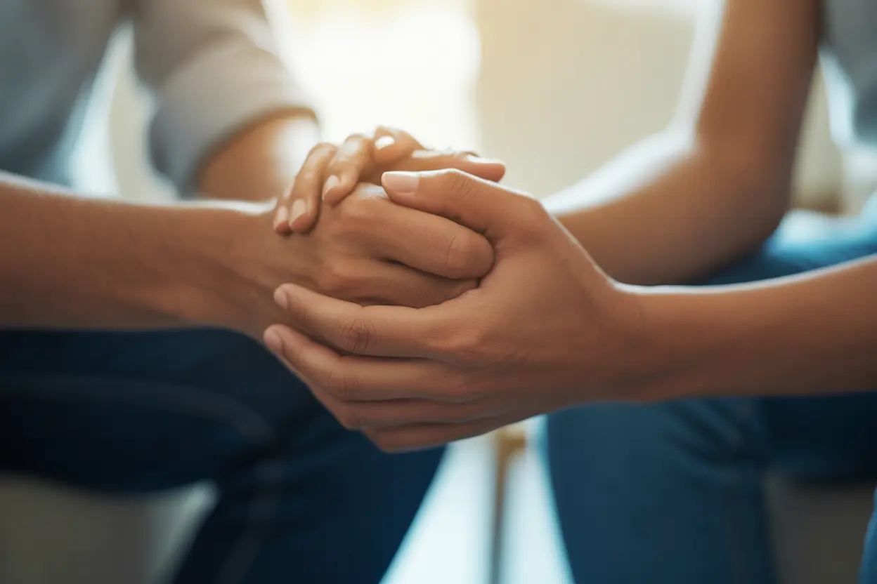 Two hands clasped together in a supportive gesture, representing empathy and hope.