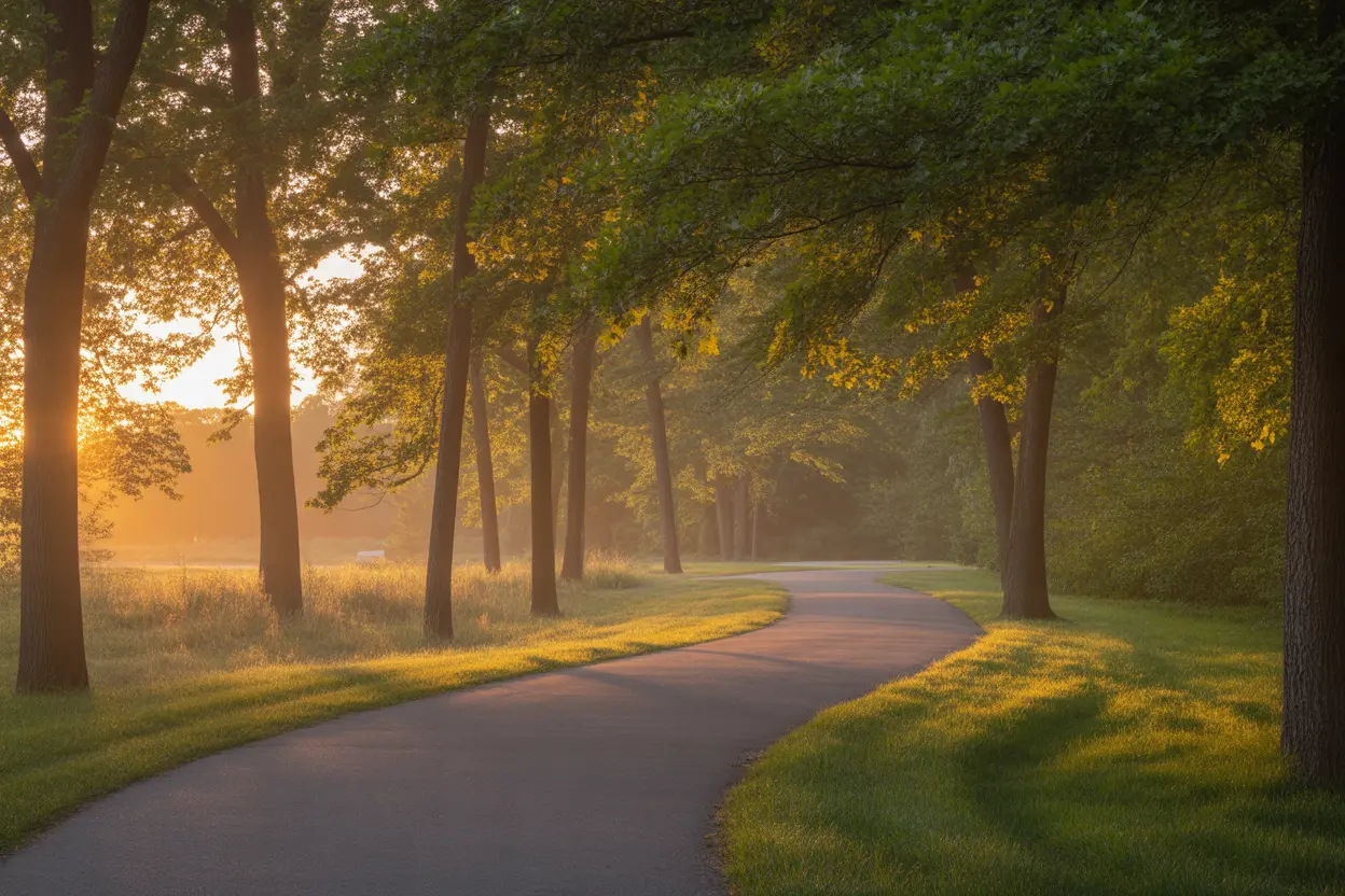 A peaceful walking path in an Indiana state park at sunrise, symbolizing the hopeful journey of recovery.