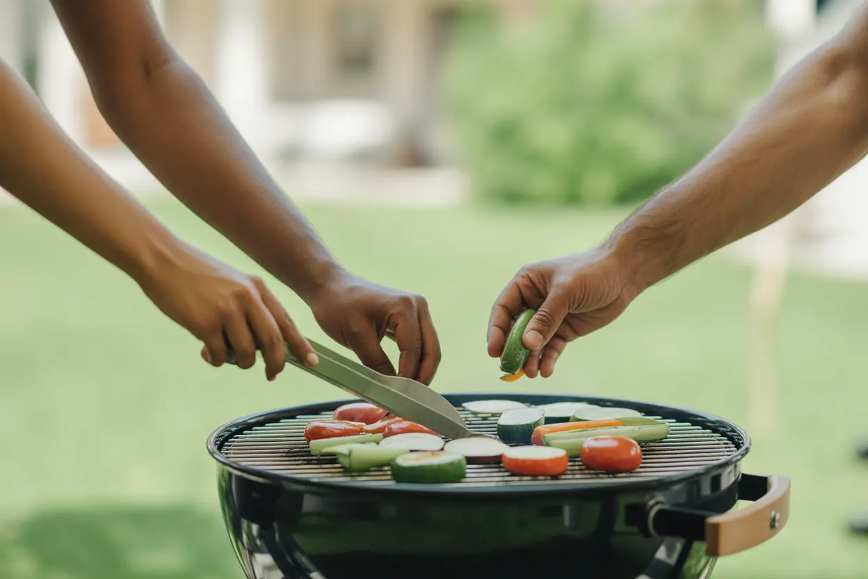 Two people placing vegetables on a barbecue grill at a rehab center, signifying collaboration in recovery.