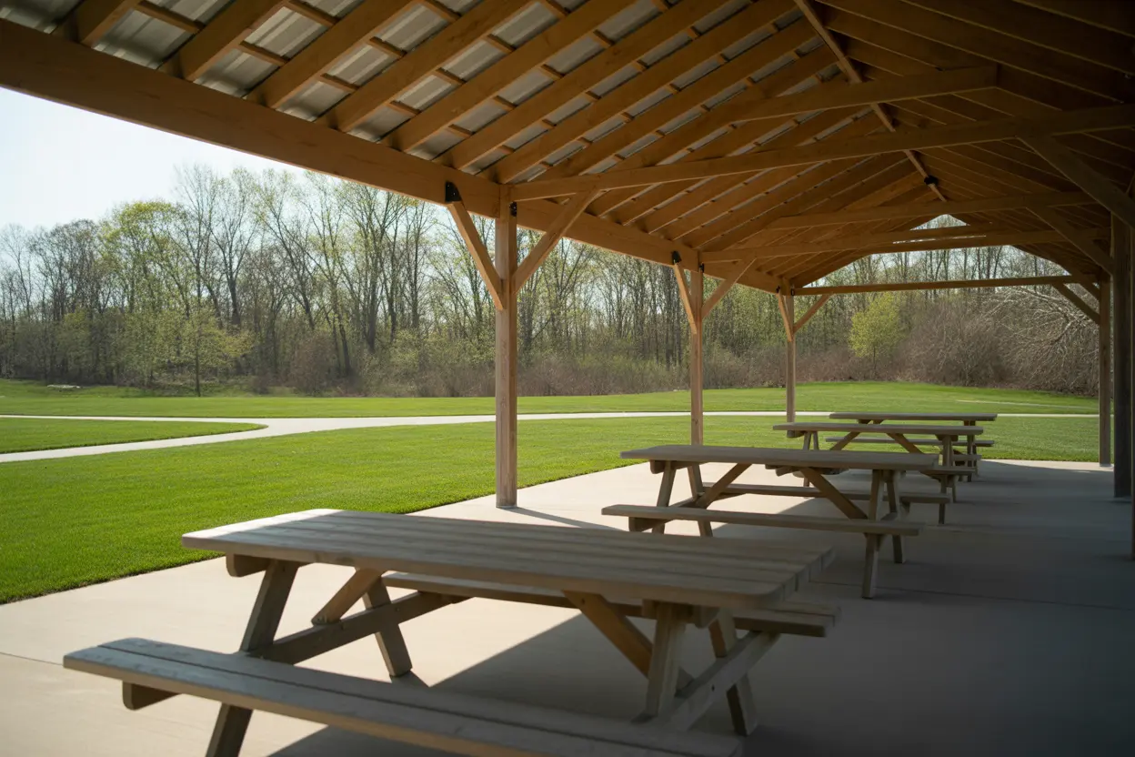 A peaceful and empty picnic area with tables under a pavilion at an Indiana rehab facility.