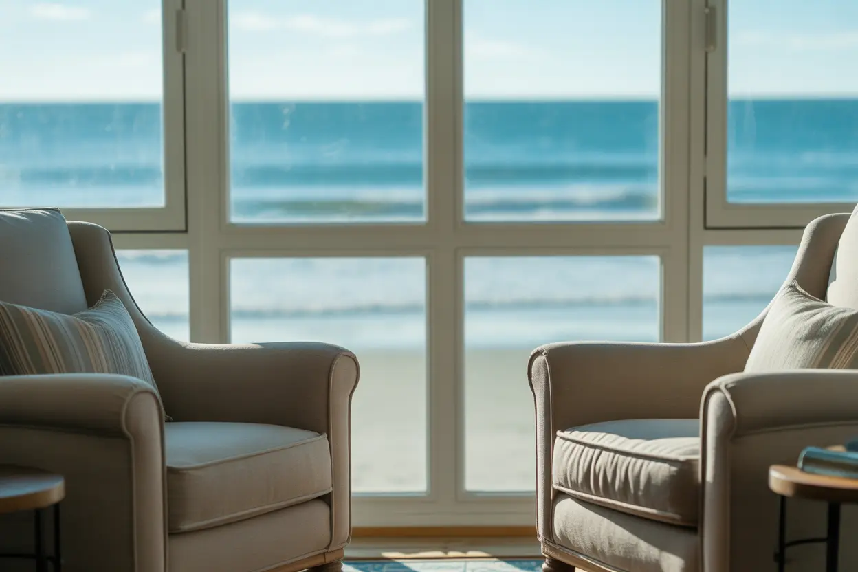 A serene and professional therapy room with large windows showing a calming ocean view in the background.