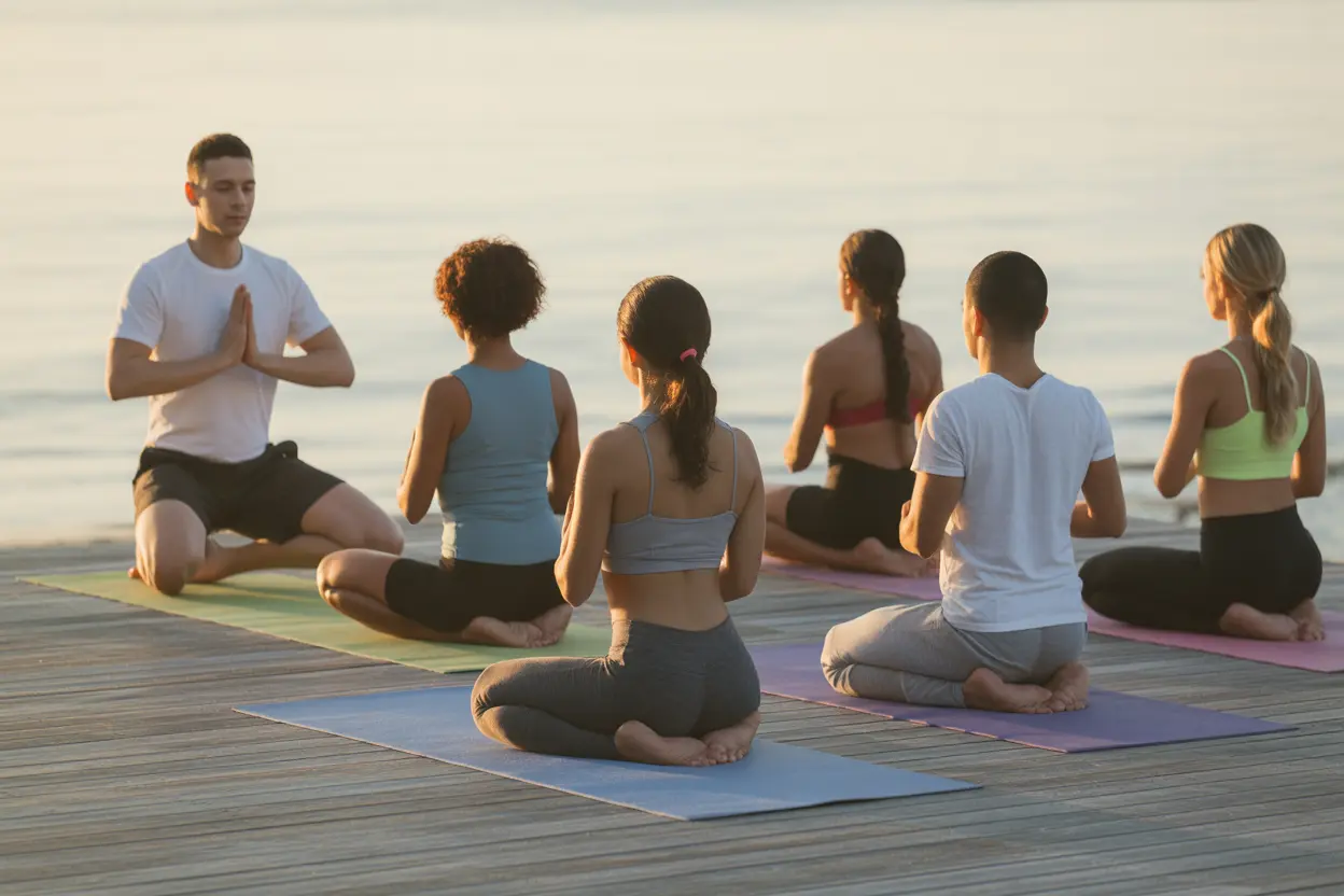 A diverse group of people in a peaceful yoga class on a deck overlooking the ocean at sunrise.