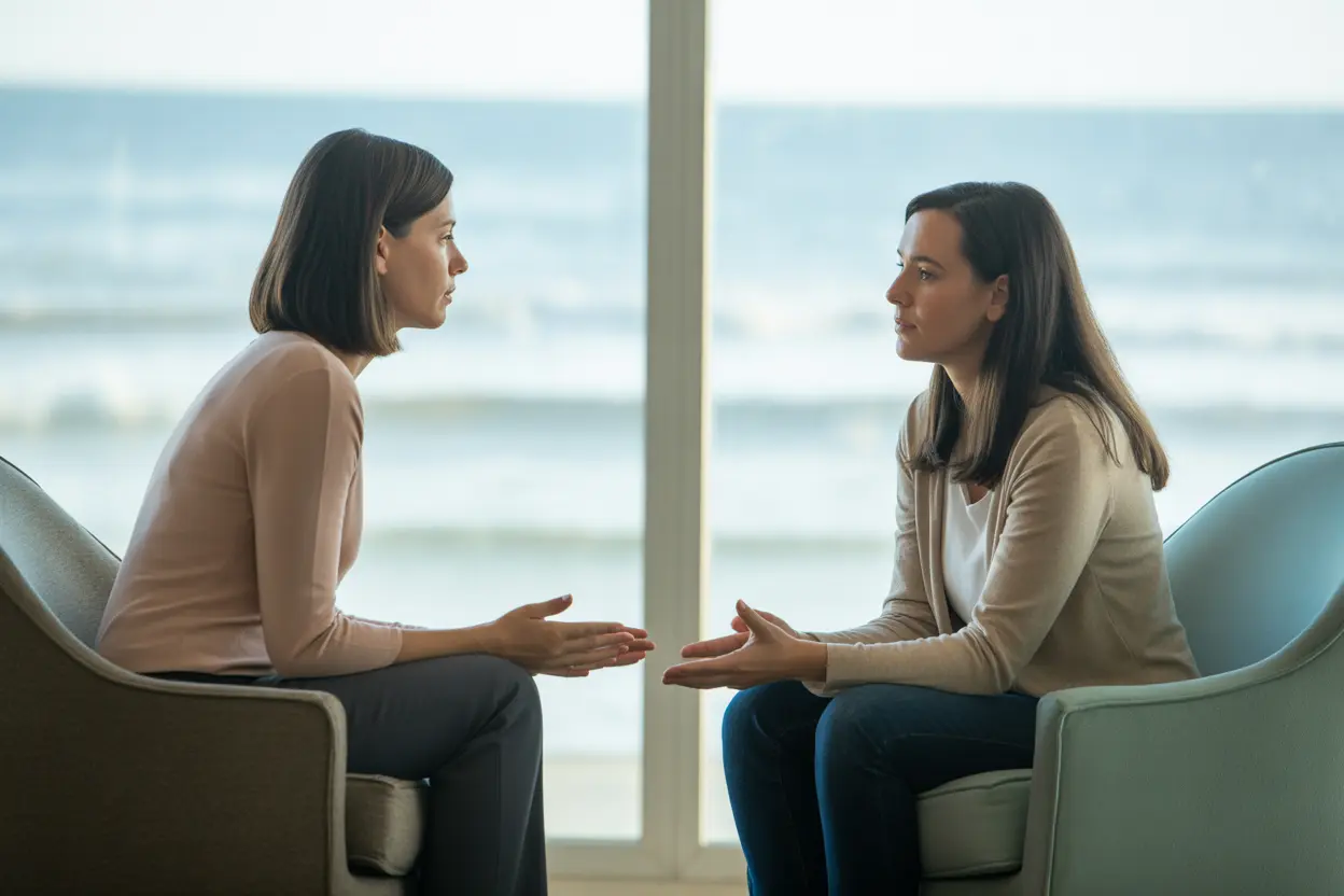 A compassionate therapist provides one-on-one counseling to a client in a bright, comfortable room with a view of the ocean.