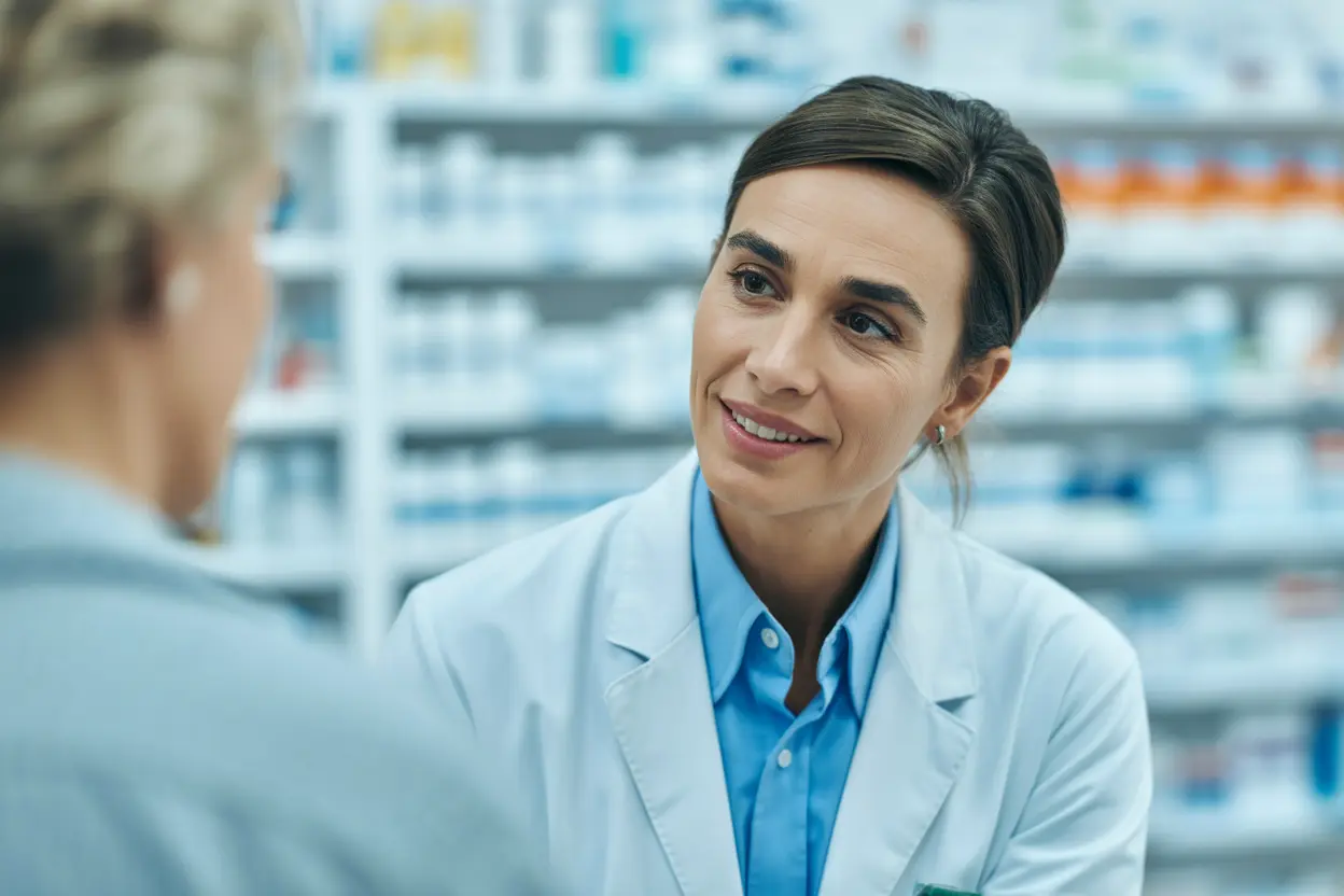 A compassionate pharmacist is talking with a patient in a well-lit pharmacy.