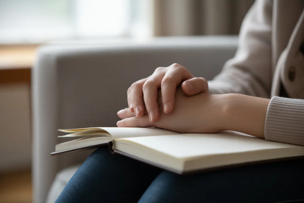A person's hands rest on a closed journal, suggesting a moment of quiet reflection on their feelings and behaviors.