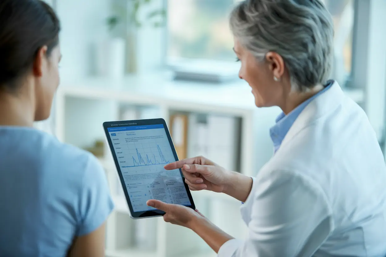 A healthcare professional reviewing lab results on a tablet with a patient in a bright, modern office.