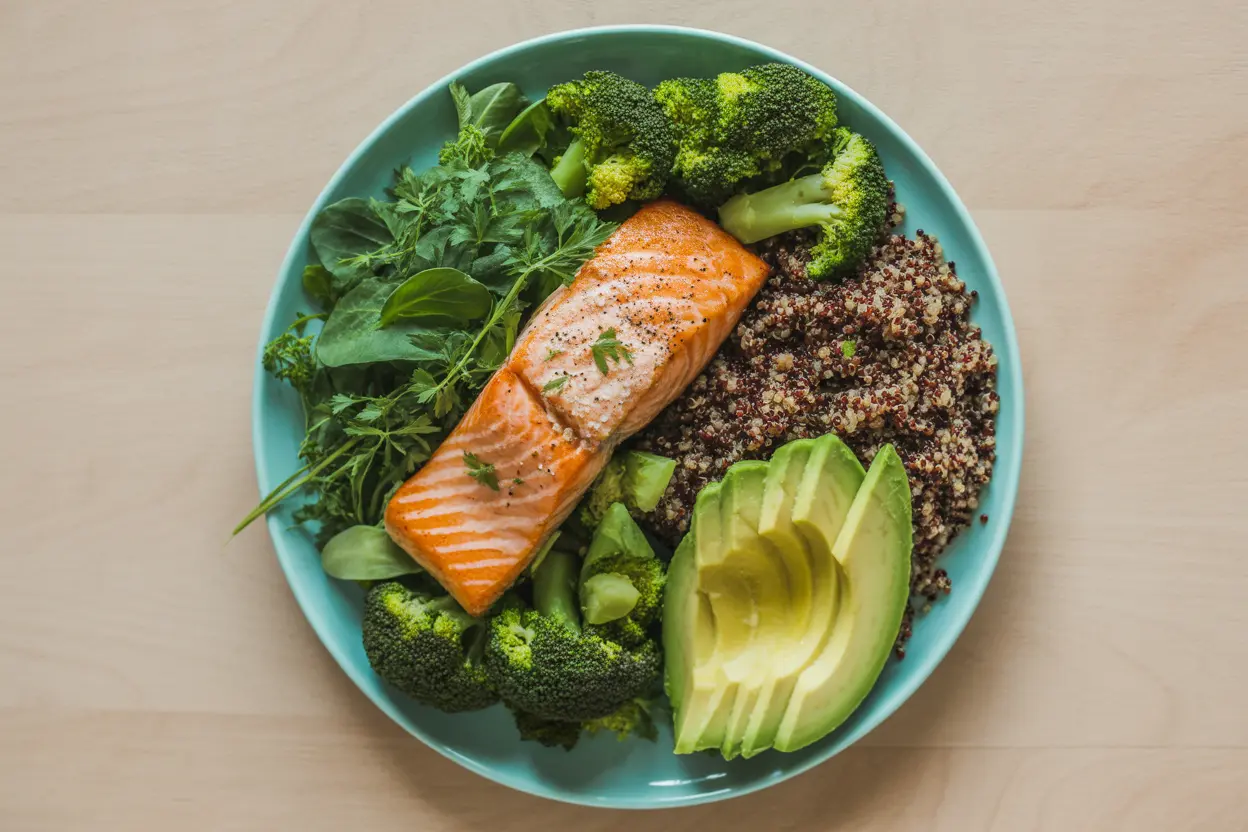 A healthy and delicious meal of grilled salmon, quinoa, broccoli, and avocado, arranged on a plate.