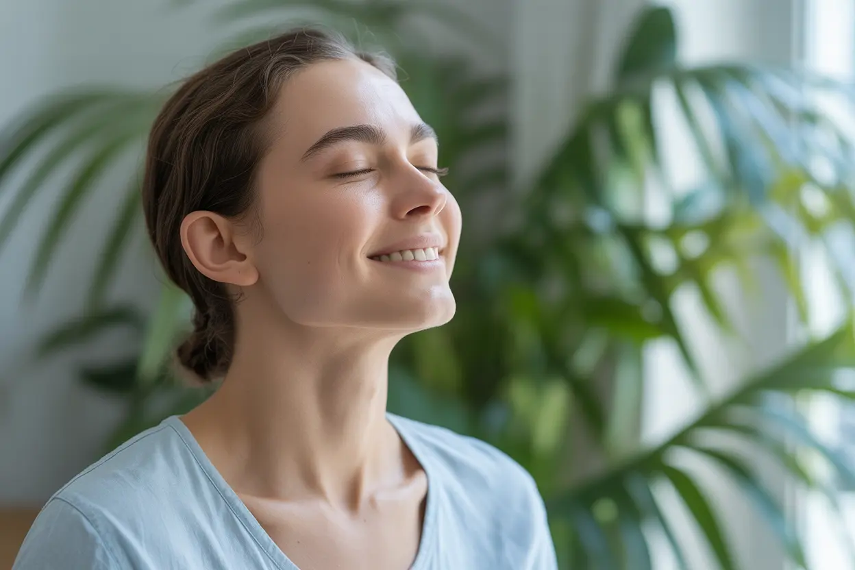 A person smiling with eyes closed, taking a deep and calming breath, feeling a sense of relief and control.