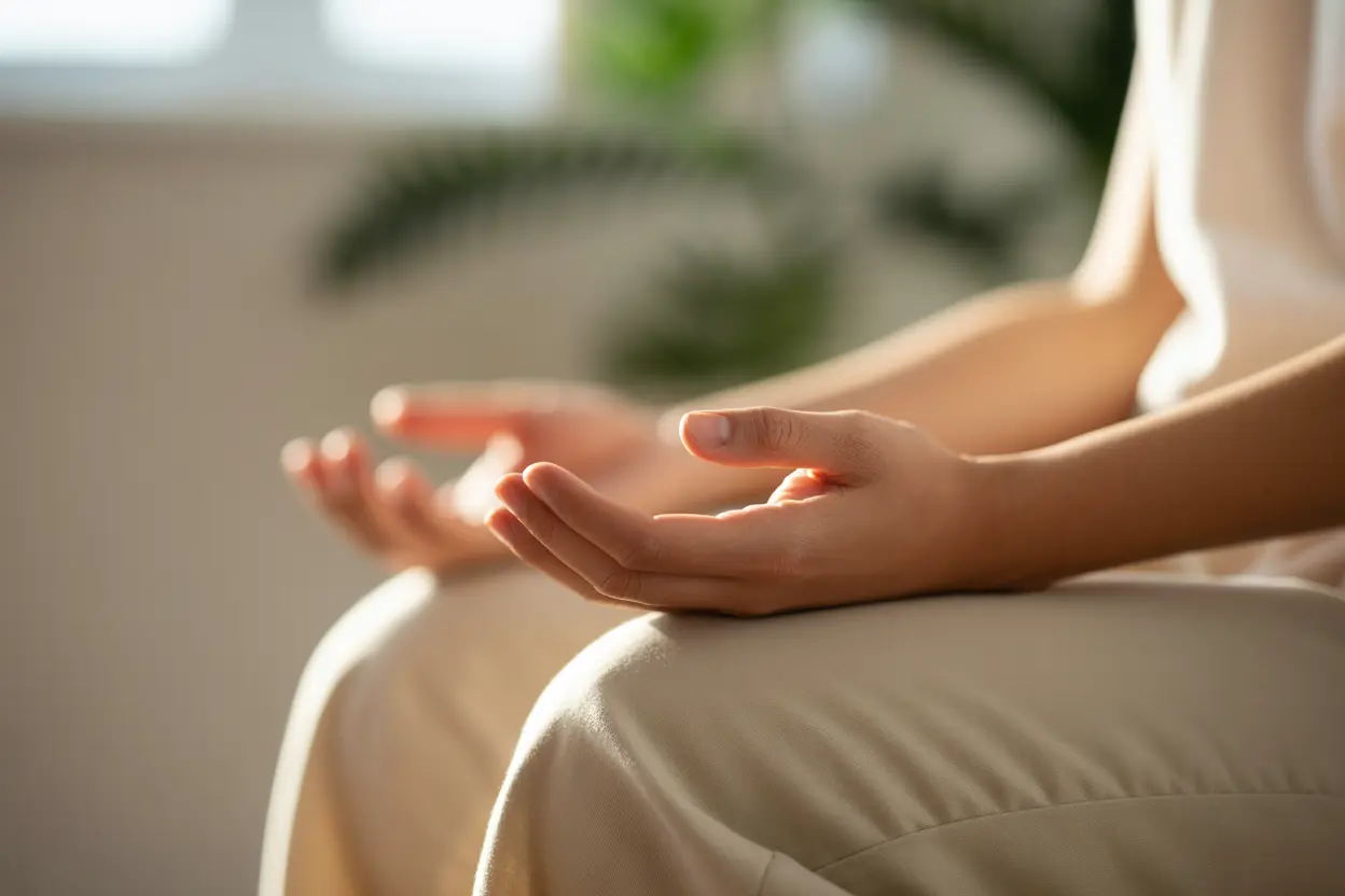A person's hands resting calmly in their lap, signifying self-control and relaxation achieved through biofeedback.
