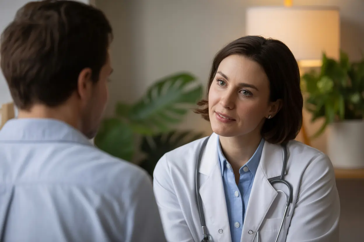 A healthcare professional listens with empathy to a patient in a calm and safe office setting.