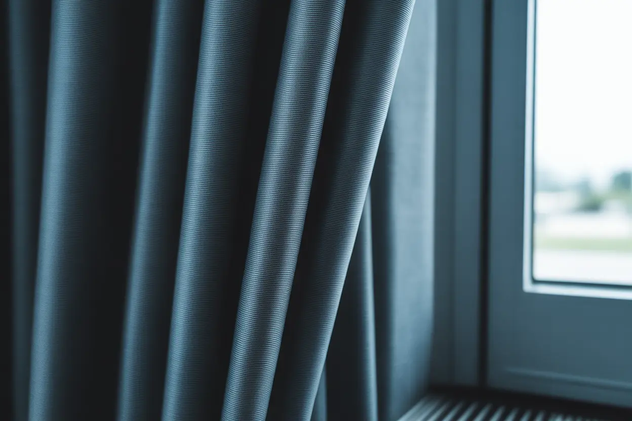 A close-up of a high-quality, grey blackout curtain effectively blocking a sliver of bright daylight.