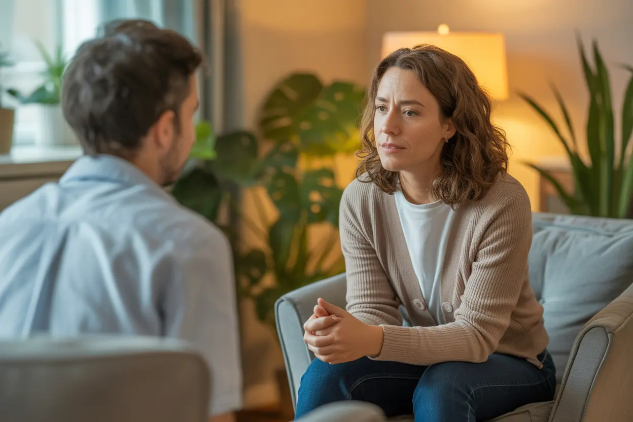 A supportive therapy session viewed from over the client's shoulder, focusing on the compassionate therapist who is listening intently.