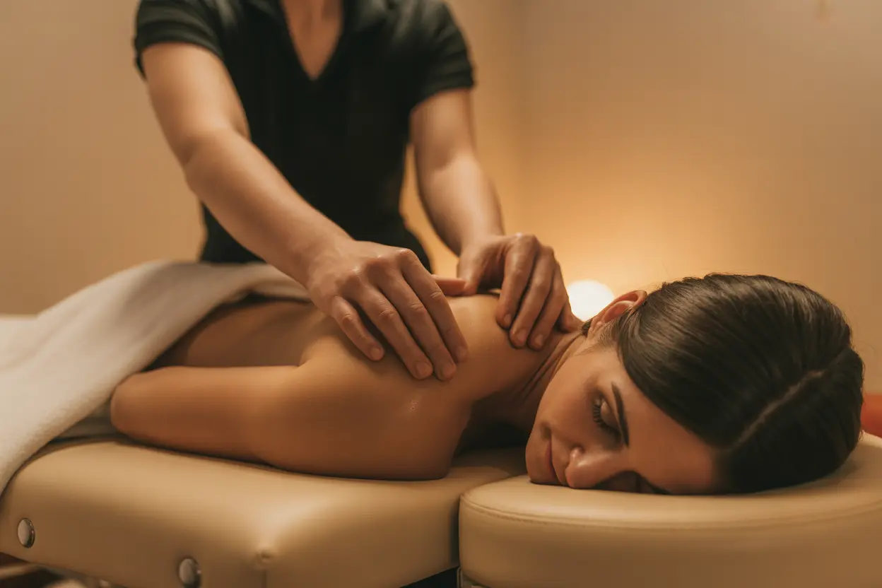 A licensed practitioner provides bodywork therapy to a client's shoulder in a calm, professional setting.
