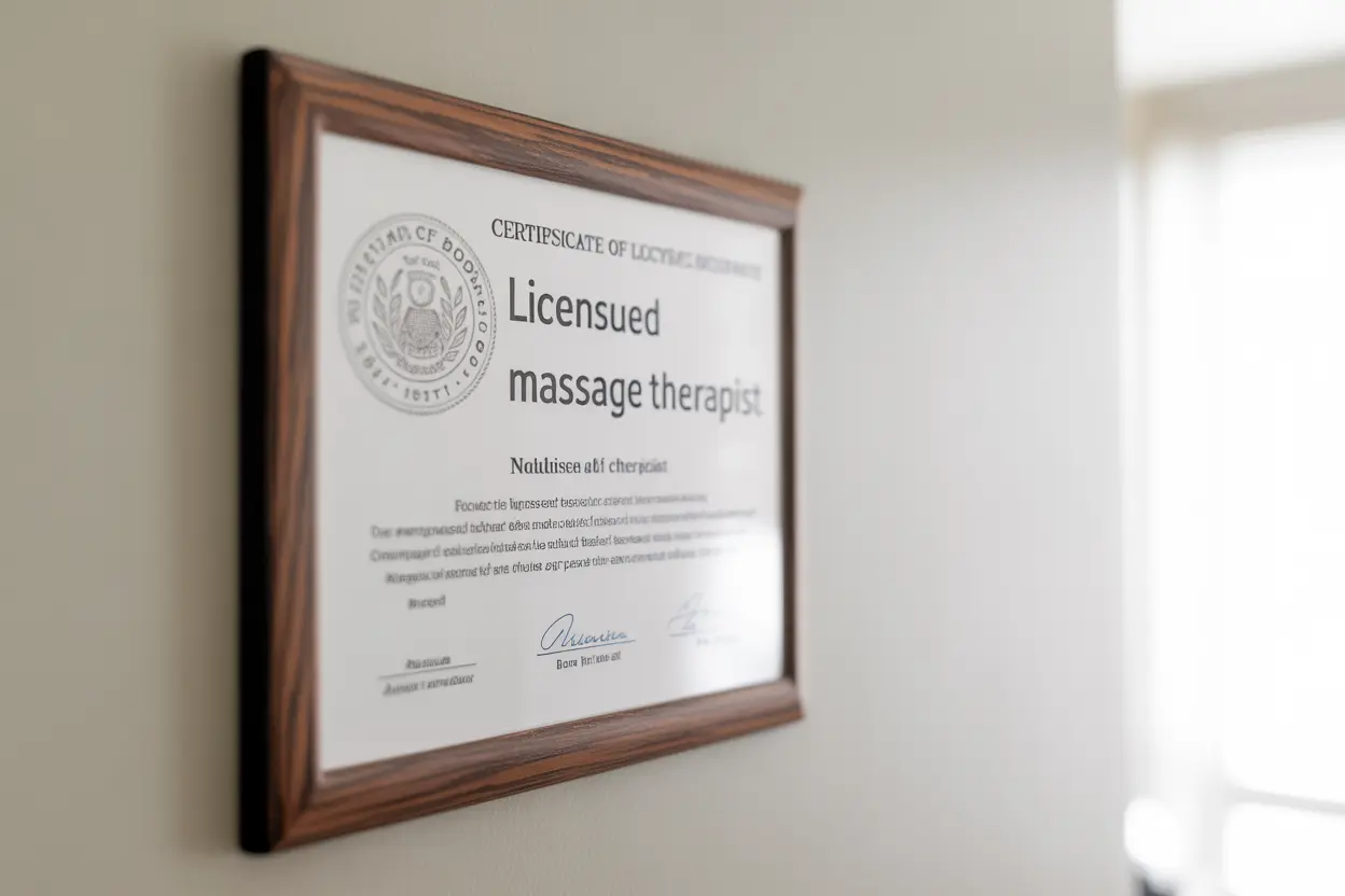 A close-up of a framed Licensed Massage Therapist certificate hanging on a wall, symbolizing professionalism and trust.