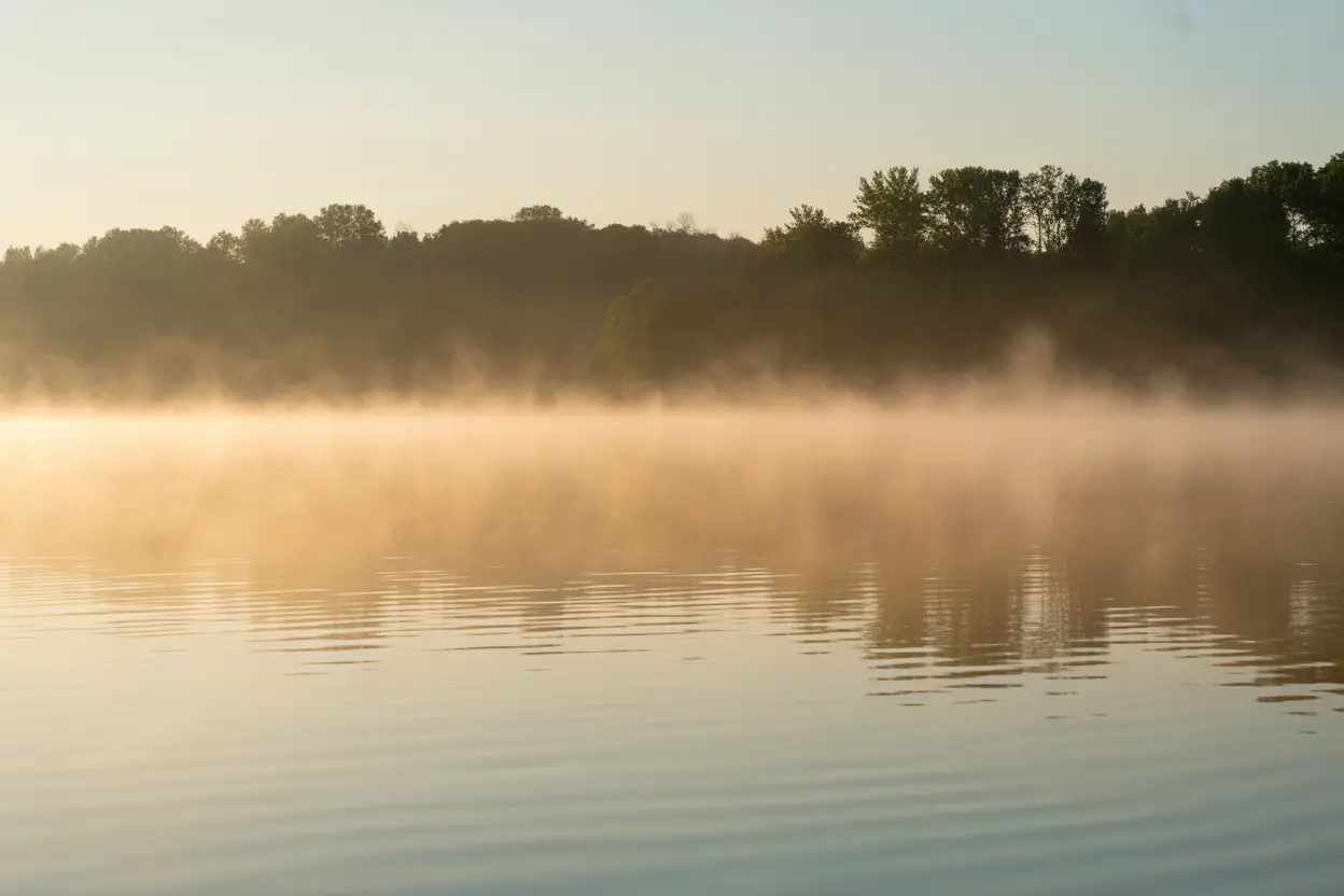 A serene Indiana lake at sunrise, symbolizing hope and the start of a healing journey.