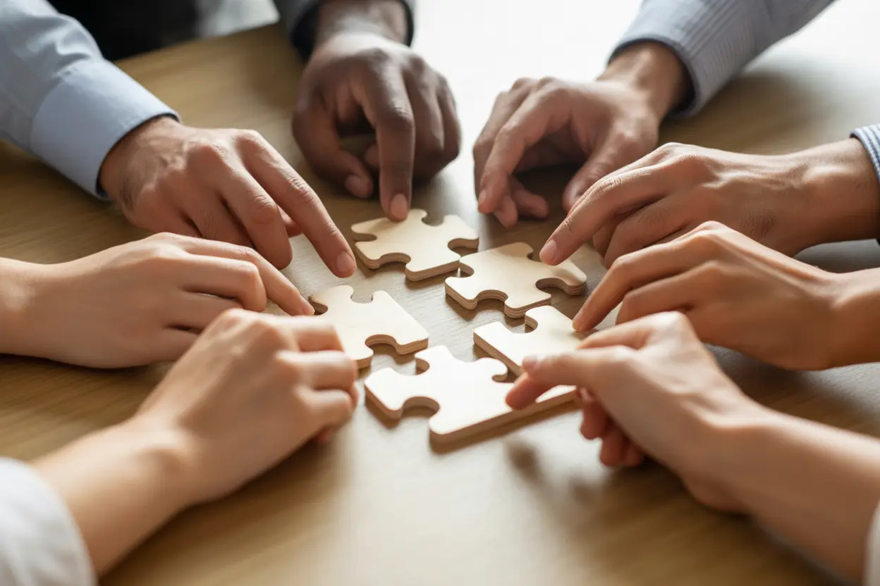 Diverse hands working together on a puzzle, symbolizing the collaborative process of therapy and support.