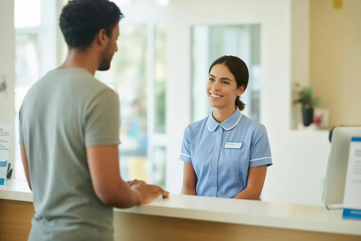 A welcoming and bright reception area of a community health clinic in Indiana, suggesting accessibility for healthcare services.