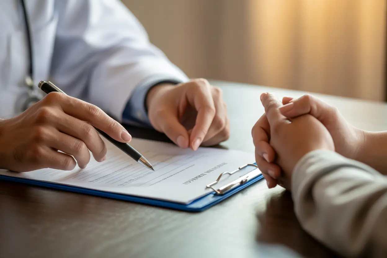 A healthcare provider and patient review a form together, symbolizing a collaborative approach to goal setting in therapy.