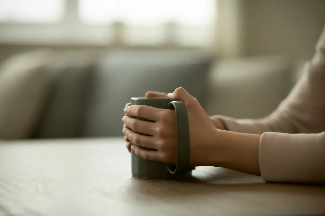 A person's hands holding a warm mug on a table, creating a calm and safe atmosphere.
