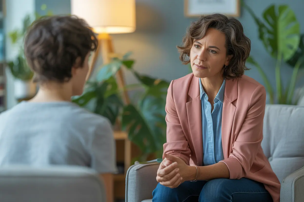 A compassionate therapist listening to a young adult in a safe and modern office.