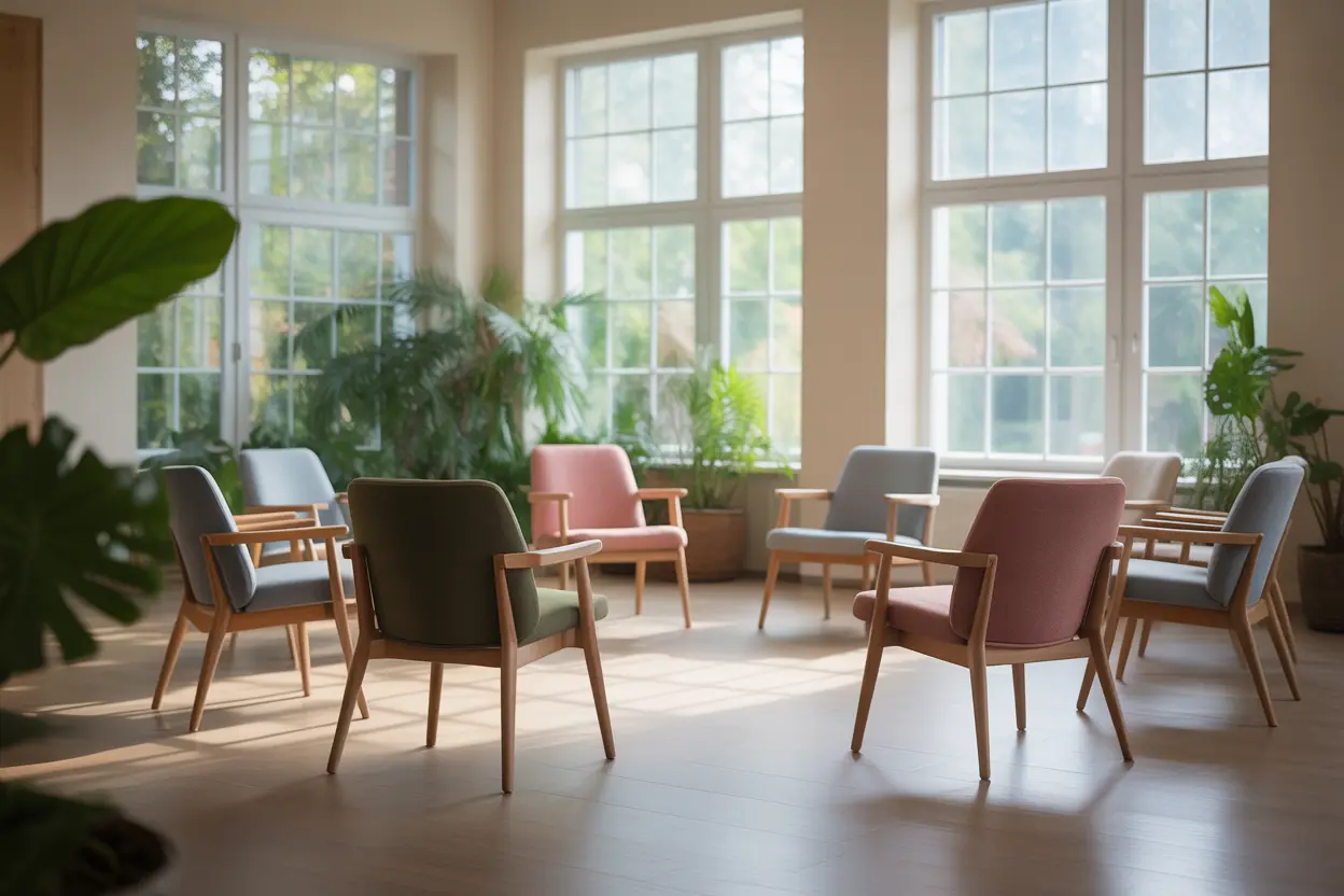 A serene and minimalist room with chairs in a circle, ready for a group therapy session.
