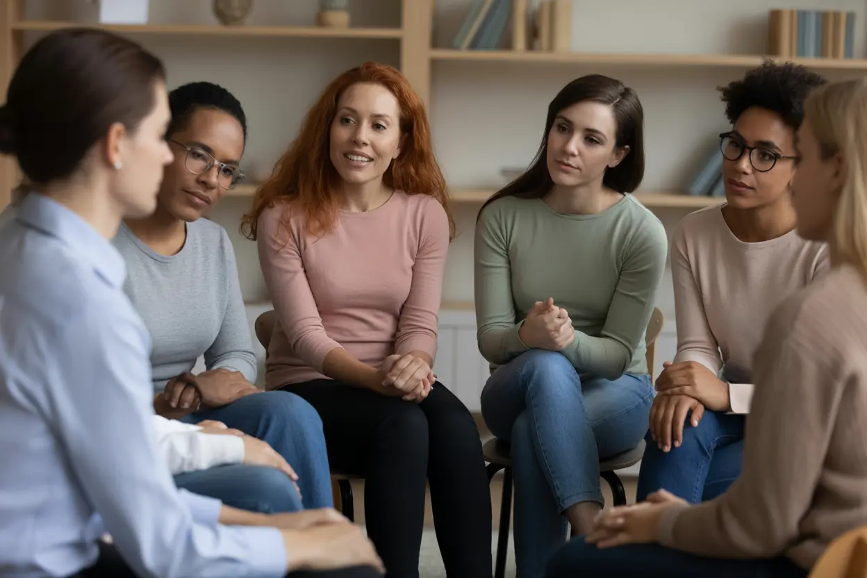 A supportive group of diverse individuals sitting in a circle, listening with empathy and connection.