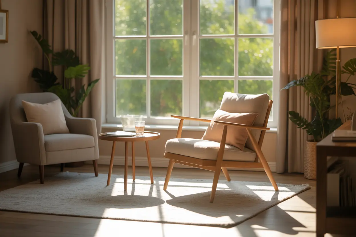A calm and professional therapy office with sunlight, representing a safe space for healing and bulimia treatment.