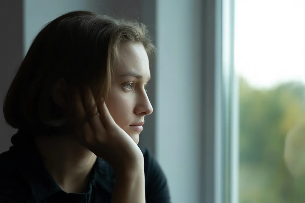 A person sits by a window, looking out thoughtfully, symbolizing the quiet struggle and hope of seeking help for bulimia.