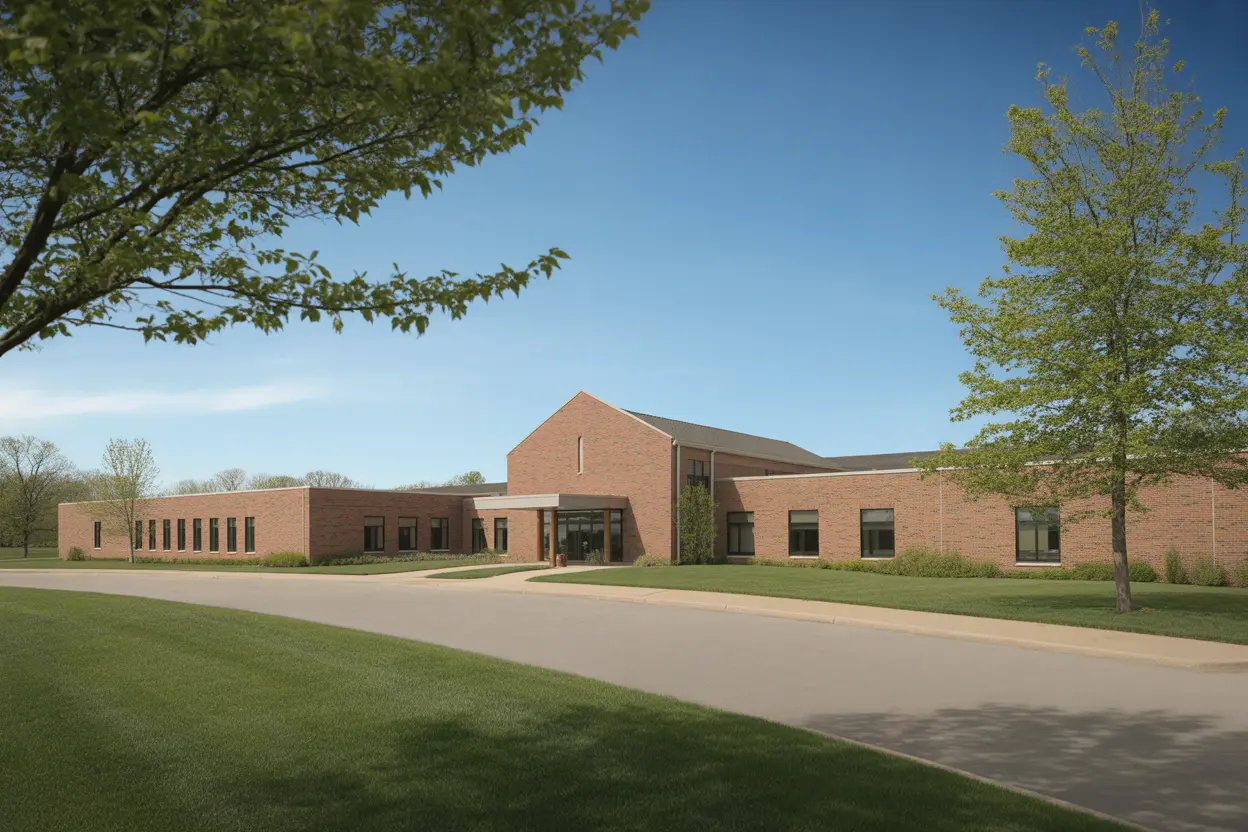 A modern and welcoming brick treatment facility in Indiana, representing a place of hope and recovery.