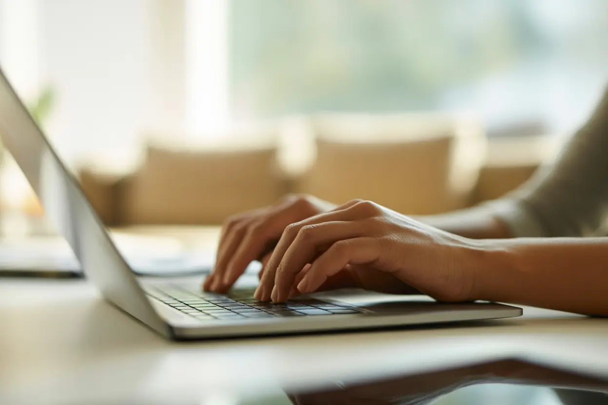 A person's hands typing on a laptop in a calm, professional setting, representing productivity during recovery.